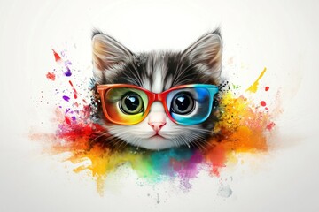  Cute kitten wearing colorful glasses in a vibrant, artistic background
