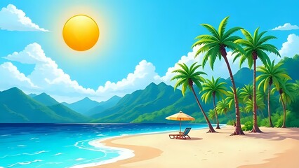 a colorful cartoon beach scene featuring palm trees, golden sand, and a bright sun shining in a clea