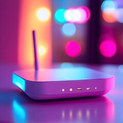 Modem with detachable antenna in macro shot under soft lighting, vibrant tones, and a sleek, compact design aesthetic.