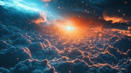 Wall Mural - A beautiful view of a bright orange sun shining in a sea of clouds with twinkling stars and a blue and green nebula.