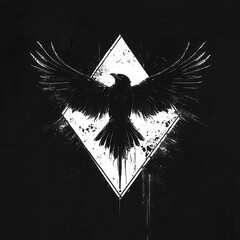 Wall Mural - black silhouette of majestic bird with outstretched wings on diamond shape, artistic design with gru