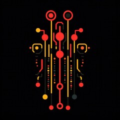 Wall Mural - Abstract Geometric Design with Red and Yellow Circuits Against Black Background for Technology and Digital Themes