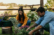 © La Famiglia - Couple gardening together, planting flowers in pots in backyard