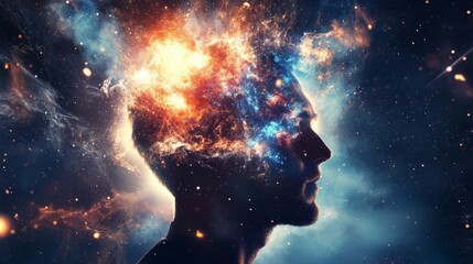 Wall Mural - Abstract digital art of a head with colorful nebulae, showcasing the power of human imagination.