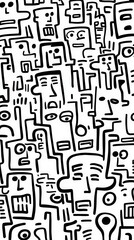 Wall Mural - abstract illustration of diverse face outlines and expressions in a black and white design for moder