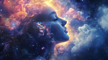 Wall Mural - Abstract portrait of a woman's face against a colorful galaxy backdrop.