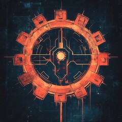 Wall Mural - Abstract futuristic design featuring a circular gear structure with a vibrant orange color scheme against a dark atmospheric background