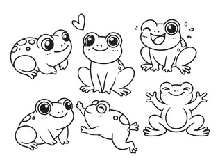 Wall Mural - set of cute frogs in various poses with hand-drawn vector illustrations. doodle line art style, isol