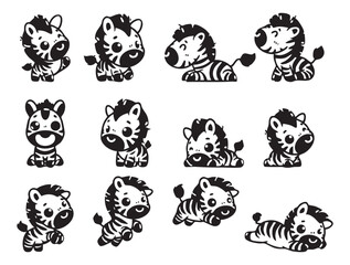 Wall Mural - set of cute zebra in various poses with hand-drawn vector illustrations. doodle line art style, isol