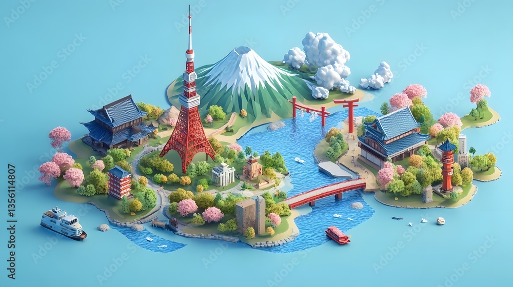 Isometric map of japan highlighting iconic landmarks and culture Stock ...