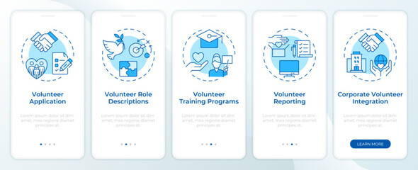 Volunteer program control blue onboarding mobile app screen. Walkthrough 5 steps editable graphic instructions with linear concepts. UI, UX, GUI template. Montserrat SemiBold, Regular fonts used