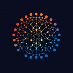 Wall Mural - abstract geometric pattern with nodes and connections in vibrant orange and blue shades on a dark ba