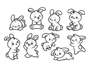 Wall Mural - set of cute rabbits in various poses with hand-drawn vector illustrations. doodle line art style, is