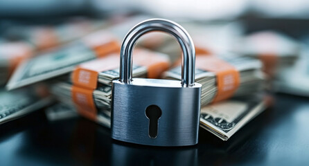 Fototapete - A metal padlock is securely fastened over stacks of cash, emphasizing the importance of financial safety and privacy in banking.