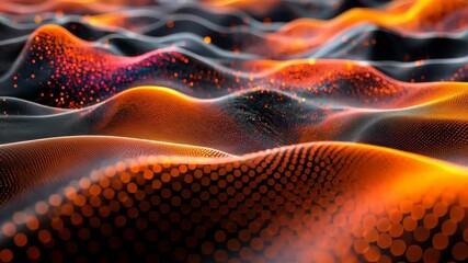 Black abstract mountains with colorful dots forming wave patterns, 3D rendering digital