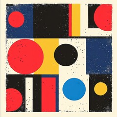 Wall Mural - abstract geometric composition featuring colorful circles and rectangles in black, red, blue, and ye