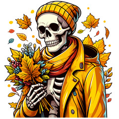 Wall Mural - Autumn skeleton in yellow coat and beanie holding leaf bouquet. Perfect for fall season marketing, autumn fashion content or Halloween seasonal promotions.