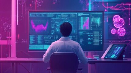 Scientist monitors data on multiple screens in a futuristic lab