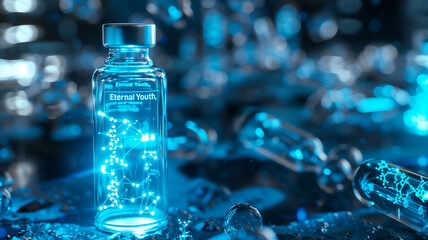 Aufkleber - This vial labeled Eternal Youth emits a blue glow amidst scientific equipment related to gene therapy.