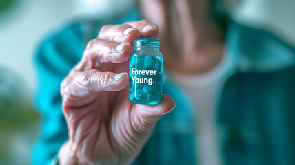 Poster - This hand holds a vial labeled Forever Young, symbolizing gene therapy for youth prolongation.