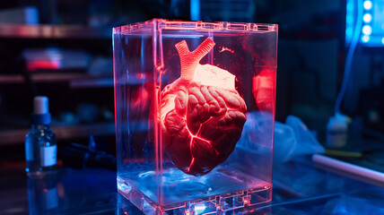 Poster - This heart specimen is illuminated in a lab setting, showcasing cutting-edge genetic research.