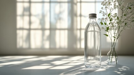 Poster - A clear glass water bottle stands tall beside a small bouquet of fresh flowers, casting gentle shadows on a light-colored table, illuminated by soft natural light filtering through a window.