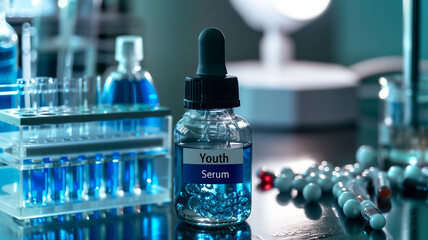 Aufkleber - This Clear blue serum labeled youth serum is prominently displayed amidst various scientific equipment.