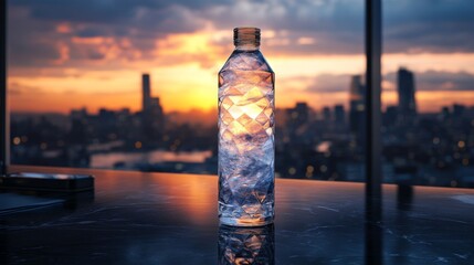 Poster - A water bottle with a unique geometric shape is placed on a glossy surface, capturing the golden hues of a vibrant sunset in an urban skyline background.