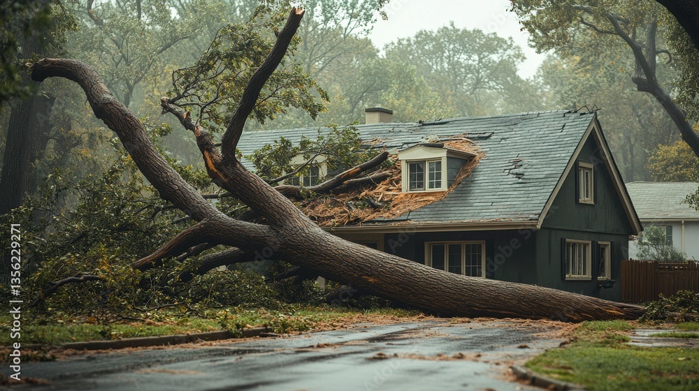 Tree falls on house during storm in residential neighborhood causing ...