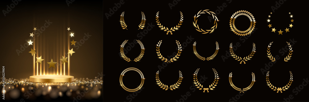 Gold award podium with laurel wreath and set of different golden laurel ...