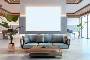 Wall Mural - modern office waiting area with large blank canvas on wall. 3d rendering