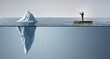 © Who is Danny - Businesswoman on a boat looking through a telescope at a floating iceberg, revealing a massive hidden part underwater. Concept of risk and strategy.