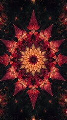 Wall Mural - vibrant floral mandala design featuring red leaves and golden petals against a dark background perfe