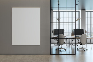 Wall Mural - modern office interior with blank vertical canvas on gray wall. 3d rendering
