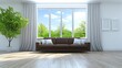 © Bagong - Modern living room with large window, brown sofa, and potted plant.