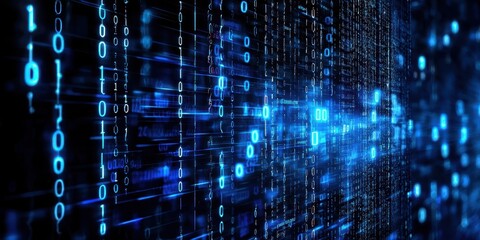 Digital binary code stream in blue and black hues, representing technology and data.