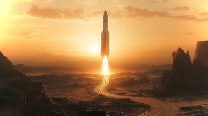Aufkleber - A hypersonic rocket ignites its engines and ascends into the sky at dawn, leaving a trail of flames against a stunning landscape of rocky formations and a bright horizon.