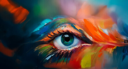 Poster - A vibrant eye gazes out amidst a flurry of abstract paint strokes.  Bold colors blend and swirl around the eye, creating a dynamic and artistic composition.  The focus is sharp on the eye with blurred