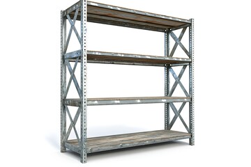 Industrial metal shelving unit isolated on white background. Possible use For catalog, marketing materials, warehouse, storage solutions