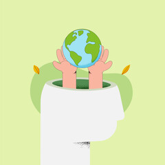 Aufkleber - Human head silhouette and Hand holding Earth Globe. Earth Day. The concept of sustainable development for business, ecology and environment protection. Flat vector illustration.
