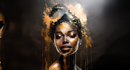 Poster - Striking woman's portrait with golden paint splashes. Artistic and dramatic, set against a dark background, evoking beauty and strength.