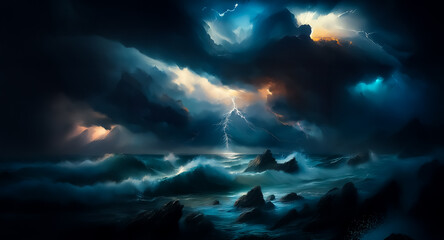 Poster - A powerful storm rages above a dark ocean.  Lightning illuminates the turbulent waves crashing against rocky outcrops under a dramatic sky.