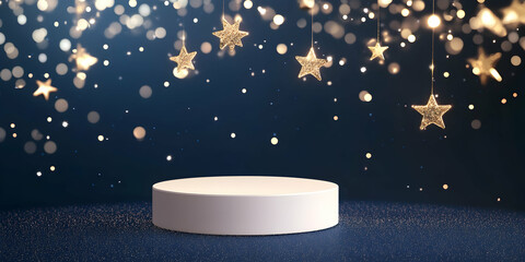 Wall Mural -  round podium with golden stars and fairy lights on a dark blue background.