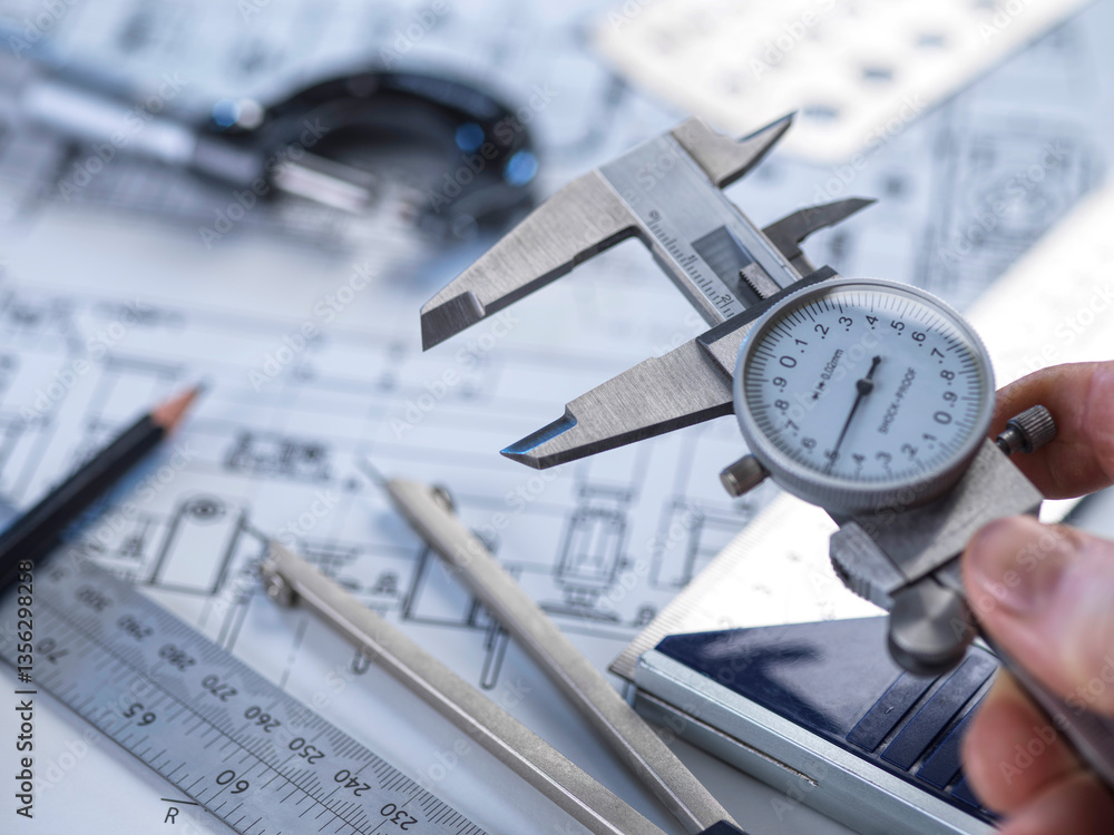 Using Calipers Close-up of a hand using calipers on a technical drawing for ...