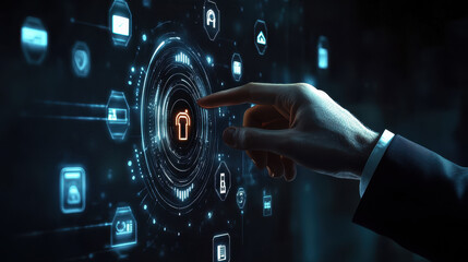 Wall Mural - businessman touching a digital security circle with icons on a virtual screen, a business technology