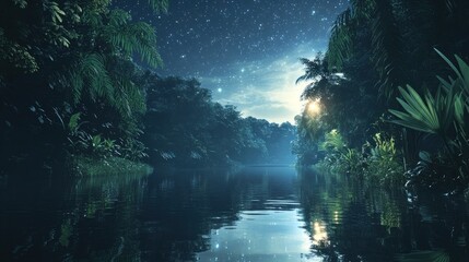 serene nocturnal river scene shrouded in jungle foliage and starlight