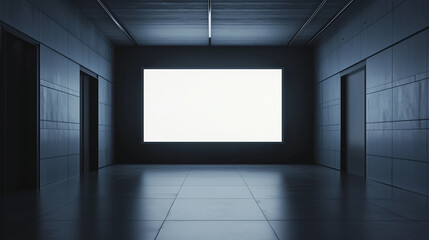 Wall Mural - Bright rectangular screen illuminated in a dark, modern room with two doors at each end Generative AI