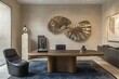 © JIN - Earthy-toned interior space with bronze and wooden fan-shaped wall art, vintage desk, black leather chairs, abstract sculpture, elegant floor lamp, blue rug under dining table, warm natural ambiance,