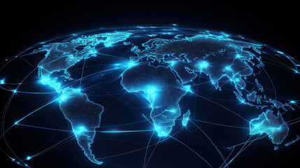 digital world map with global network connections, blue glowing lines connecting the continents on a