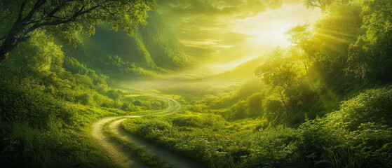 Wall Mural - A lush green forest with a road leading through it